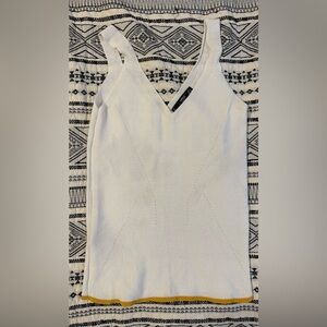 Mango White V-Neck Knit Tank with Yellow Trim